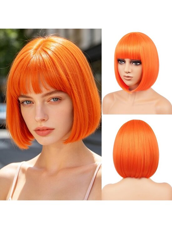 Accessories - Women Orange Heat Resistant Synthetic Bob Party Neon Wig Bangs 12 Inch